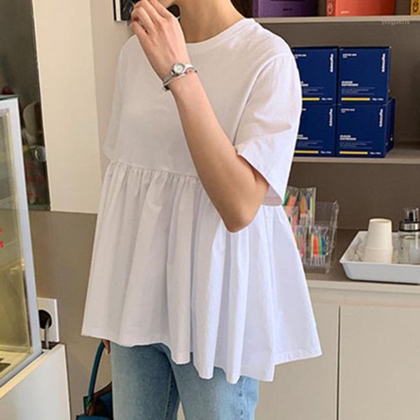

cute pure white summer blouse shirt janpan korean 2020 high waist pleated loose style femme shirts blouse daily minimalist1