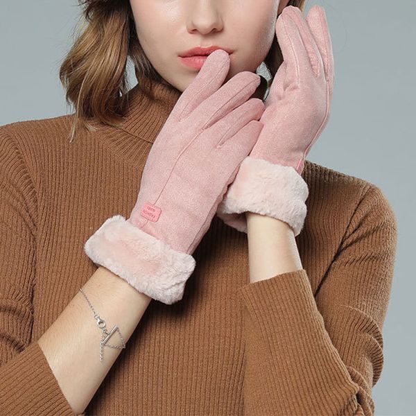 

double thick plush full finger gloves suede leather 1 pairs driving gloves warm faux cashmere touch screen cute bear mittens, Blue;gray