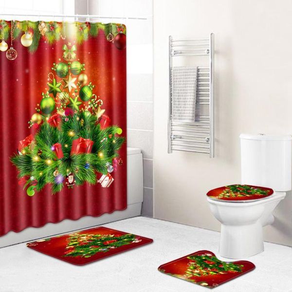 

new christmas shower curtain santa claus bathroom mat set print bath mat toilet seat cover can choose 1/3/4 pcs set1