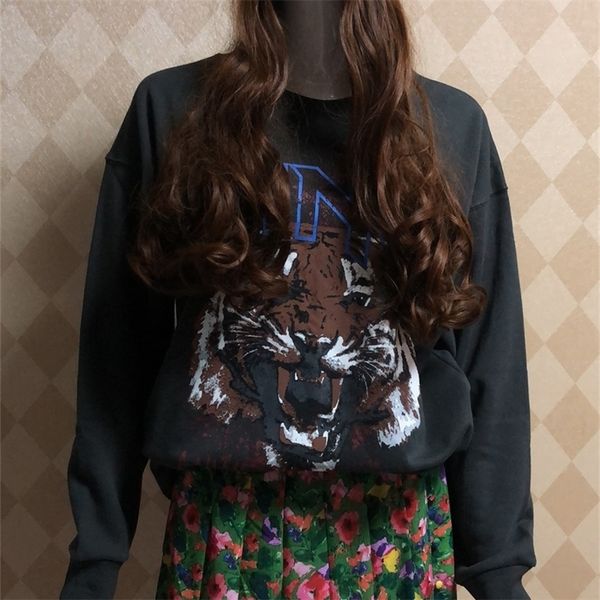 

women's hoodie round neck pullover sweatshirt tiger head printed long-sleeved sweatshirt 201212, Black