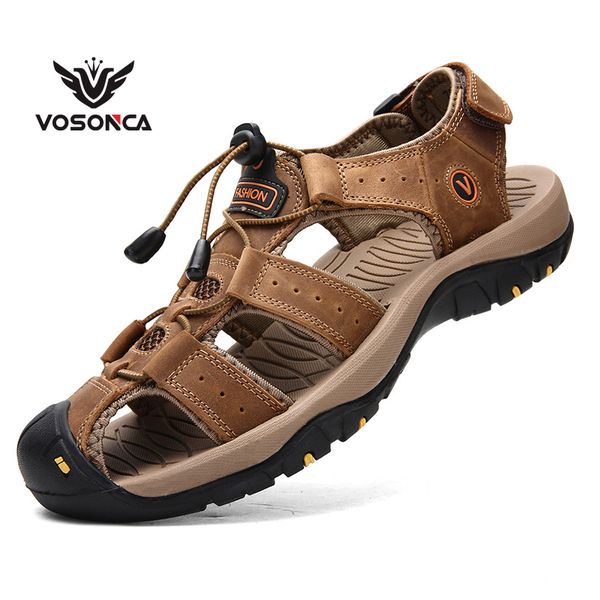 

vosonca men shoes summer hollow baotou flip flop sandals for men's genuine leather casual breathable soft outdoor sports sandals t20042, Black