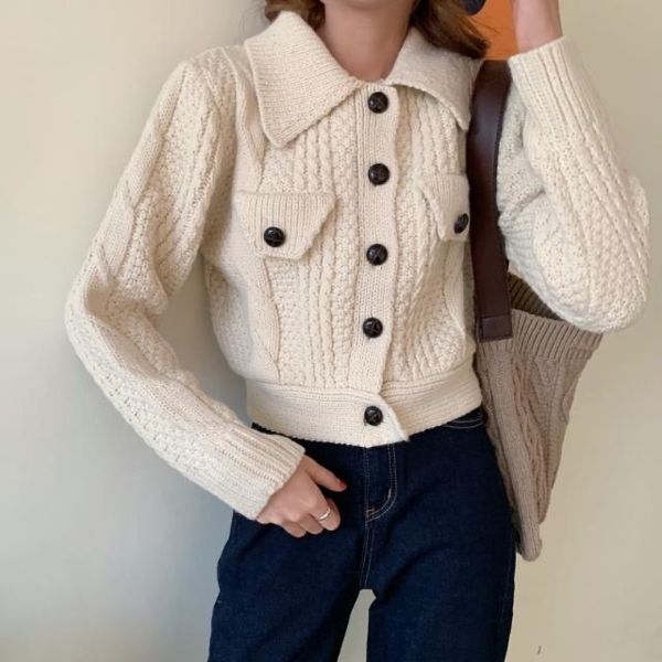 

2021 new autumn new korean retro western style lapel thick line sweater women's single-breasted high-waist short coat jacket 338s, White;black