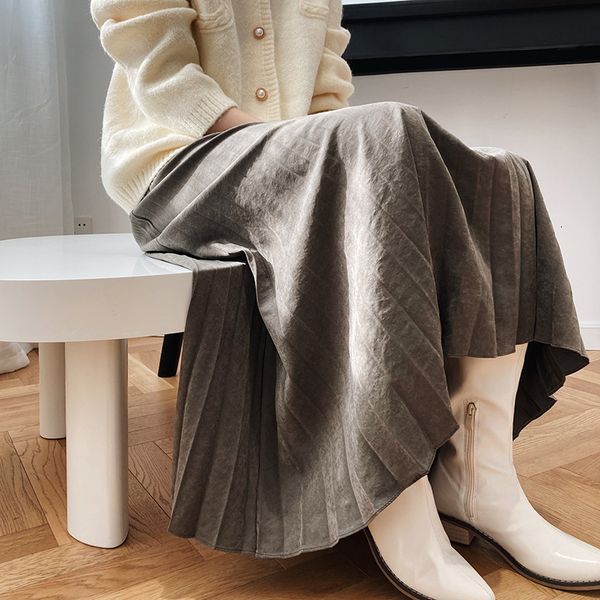 

2021 new a-line autumn pleated high waist long skirt femme elegant jupe saia women green skirts 6x7r, Black