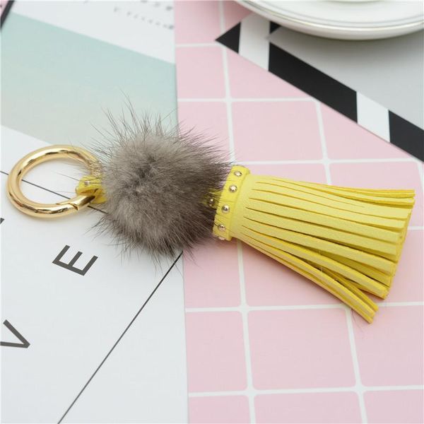 

real mink fur ball key chain with pu leather tassels for women bag key ring holder jewelry pendant neh812 h wmthzy