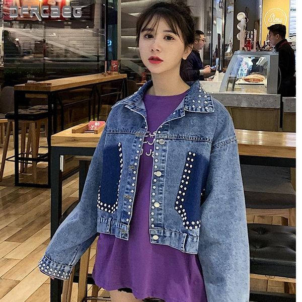 

2019 new arrival antumn winter denim jackets with pearls beading long sleeve short denim jackets loose streetwear women loose1, Black;brown