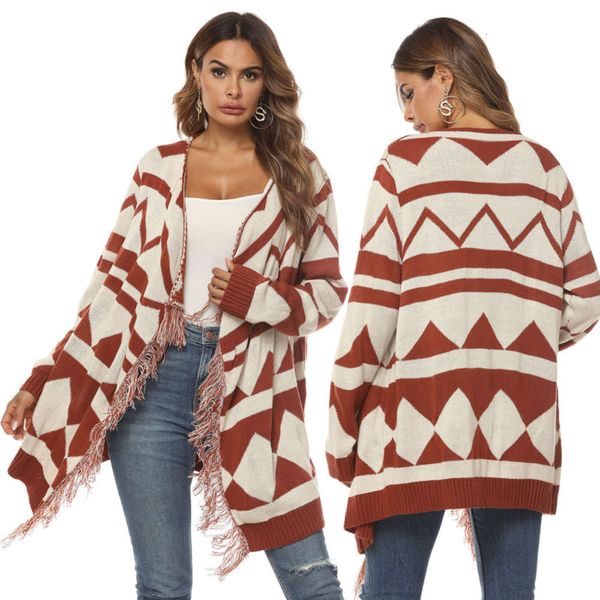 

autumn and winter woven sweater coat rhombic irregular stitching tassel thick cardigan women's ing, White;black