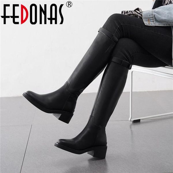 

fedonas side zipper женщины cowbat boots для женщин колена высоких круглого носок толстых каблуков обуви женщина из натуральной кожи основны, Black