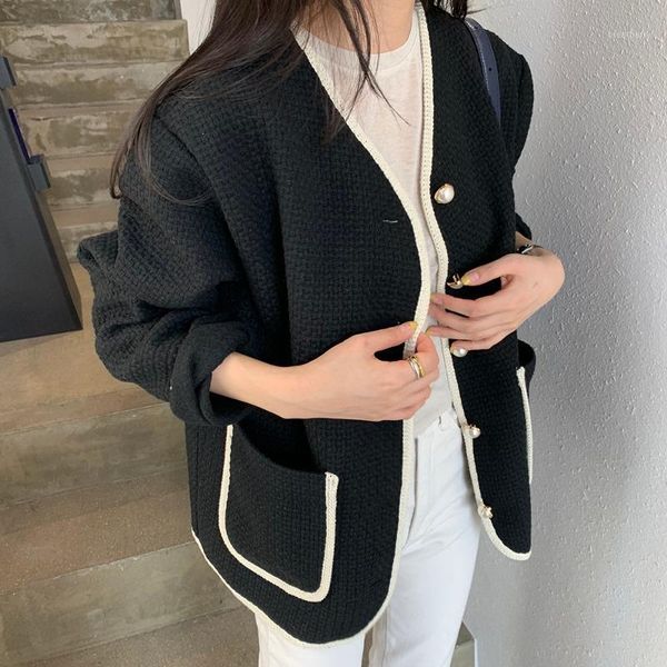 

woherb coat women vintage autumn ropa mujer v-neck contrast color jacket office lady loose outerweat female crop 2020 936521, Black;brown