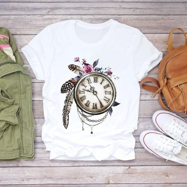 

women t-shirts cartoon feather vintage time summer autumn 90s womens graphic t ladies print lady shirt female tee t-shirt, White
