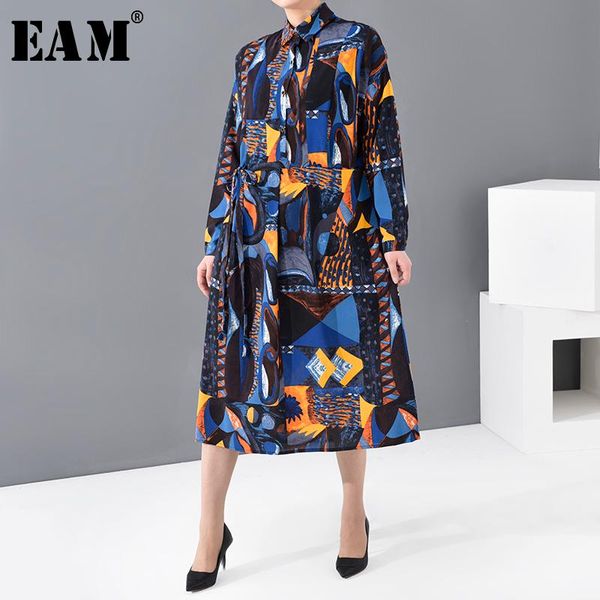 

casual dresses [eam] women blue pattern printed big size shirt dress lapel long sleeve loose fit fashion tide spring autumn 2021 ji48505, Black;gray