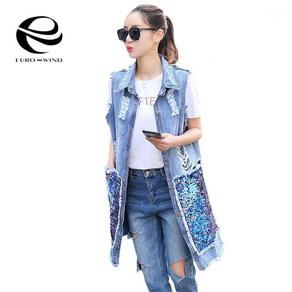 

2019 new fashion spring summer women sequined long sleeveless denim vest women hole denim vests jeans jacket plus size s-3xl1, Black;white