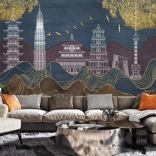 

wallpapers chinese wallpaper gold line drawing landscape architecture mural tv sofa living room background wall bedroom1