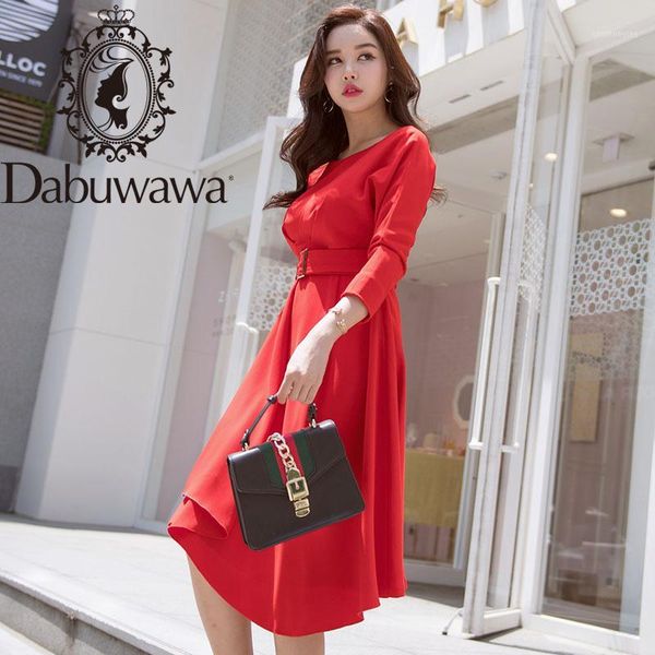 

dabuwawa elegant red asymmetrical hem long dress women o-neck sashes long sleeve solid fit and flare dress ladies d18cdr0321, Black;gray