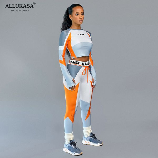 

women long sleeve cropslim outfit tracksuit two pieces set letter print high elastic skinny leggings female sportswear c0122, Gray