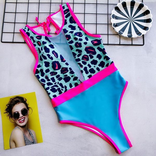 

leopard print mesh one piece swimwear women push up bathing suit 2019 new high neck swimsuit female deep v beach wear 52111, White;black