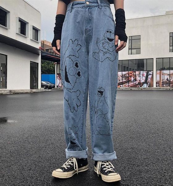 

cartoon printed jeans new high waist wide leg pants1, Blue