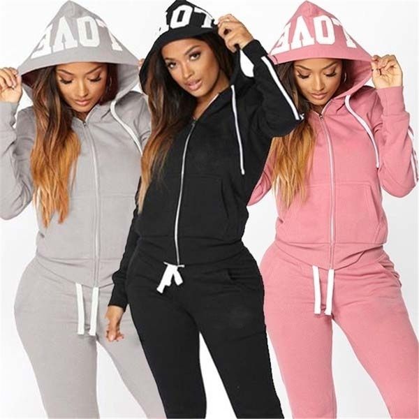 

autumen two piece set tracksuits women sets love print hoodie jacket pants sweatshirt set female sports suit for women clothing 201109, Black