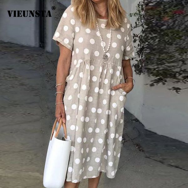 

4xl summer dress 2020 cotton linen pocket polka dot print party dress women retro o-neck short sleeve loose casual dress vestido t200603, White;black