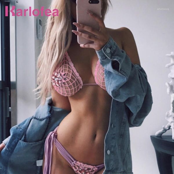 

karlofea women beach set luxury rhinestone diamond halter 2 piece sets and pants suits craystal summer beachwear set1, White