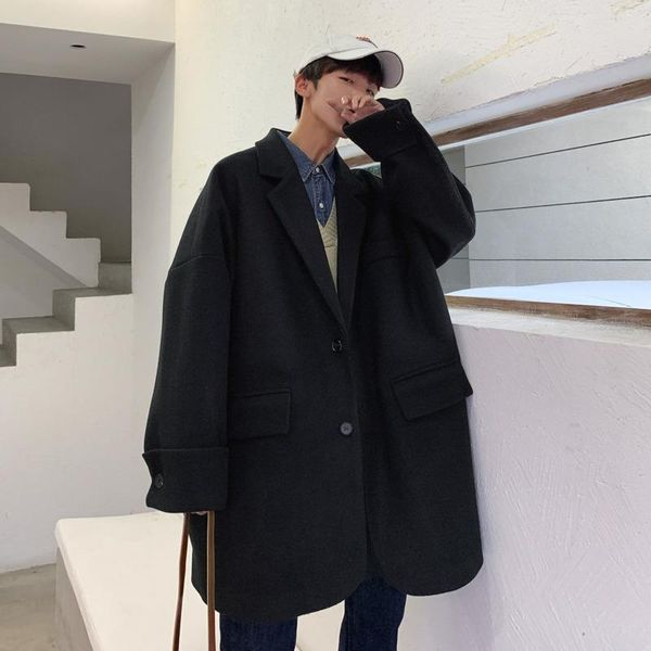 

men's wool & blends fashion men coat woolen jaket loose off-shoulder sleeve winter blend mens overcoat windbreaker, Black