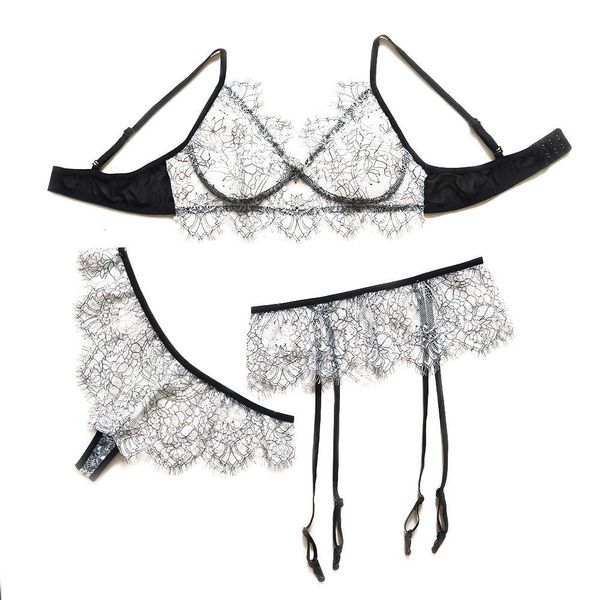 

women lingerie with garter, exotic sets eyelash lace bra and panty teddy babydoll bodysuit, Black;white