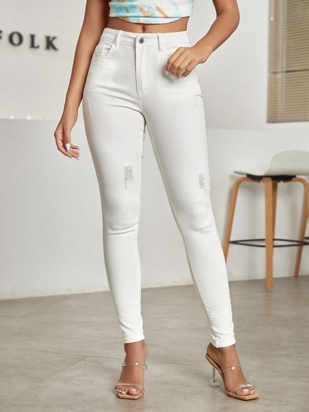 

high waist ripped detail skinny jeans s6l8#, Blue