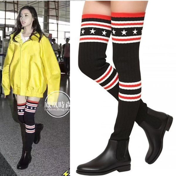 

boots women over the knee stovepipe socks elastic slim leg flat casual 2021 spring autumn crochet wool, Black