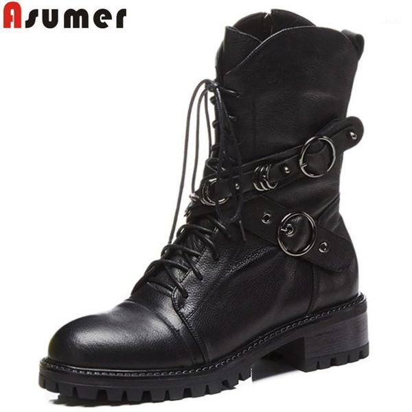 

boots asumer black fashion ankle for women round toe zip genuine leather lace up classic1
