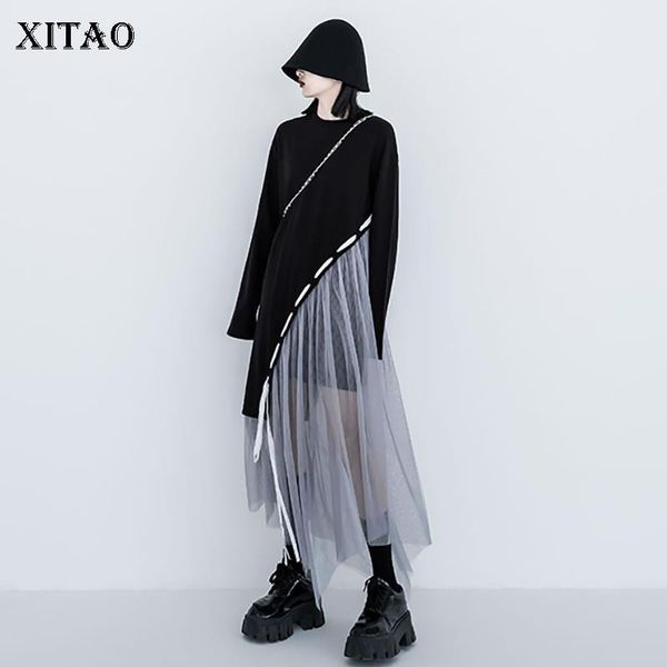 

xitao patchwork mesh asymmetrical dress women fashion new style o neck collar long sleeve pullover drawstring elegant zy3496, Black;gray