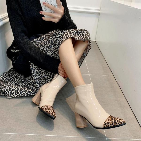 

large women's shoes 40-48 autumn and winter leopard print sharp head thick heel high heel boots british style boots1, Black