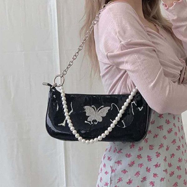 

vintage baguette bag women pu leather diamond shoulder bag butterfly armpit designer cool girls pearl underarm handbag