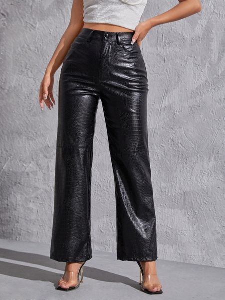 

petite high waisted crocodile embossed pu leather pants j3g8#, Black;white