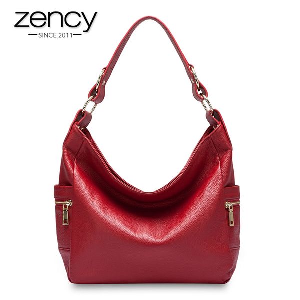 

zency elegant 100% genuine leather women hobo handbag shoulder bag large capacity lady zipper purse quality black more pocket c0122