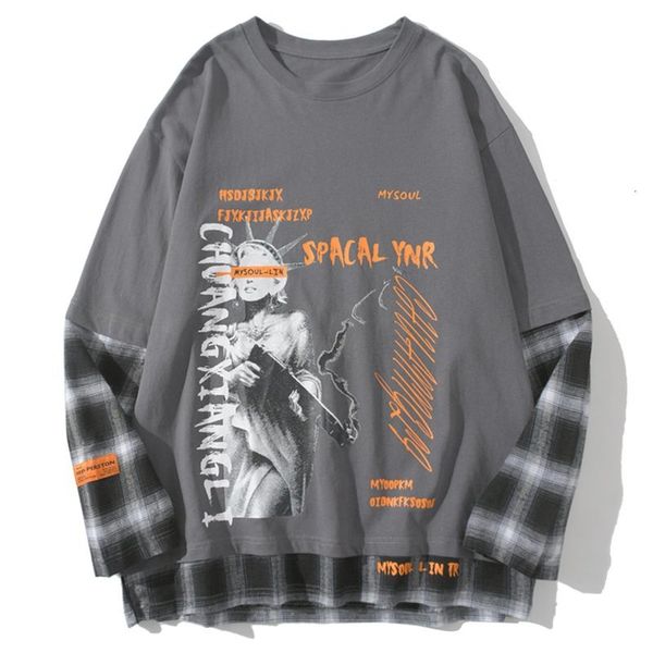 

2021 new fashion plaid patchwork goddess of liberty printed t shirt hip hop long sleeve tshirt harajuku tees utw3, White;black