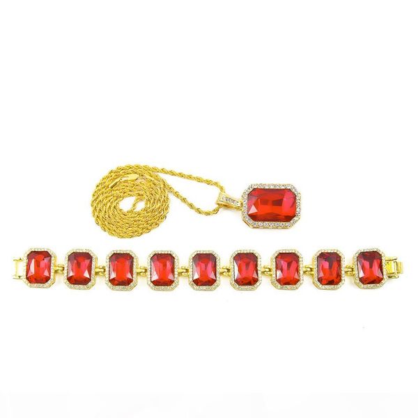 

men hip hop jewelry necklace bracelet set gold color bling rhinestone square crystal pendant with square crystal bracelet set, Silver