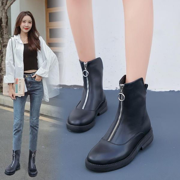

front zipper black boots women's new cool fall 2020 versatile flat bottomed short boots british style black