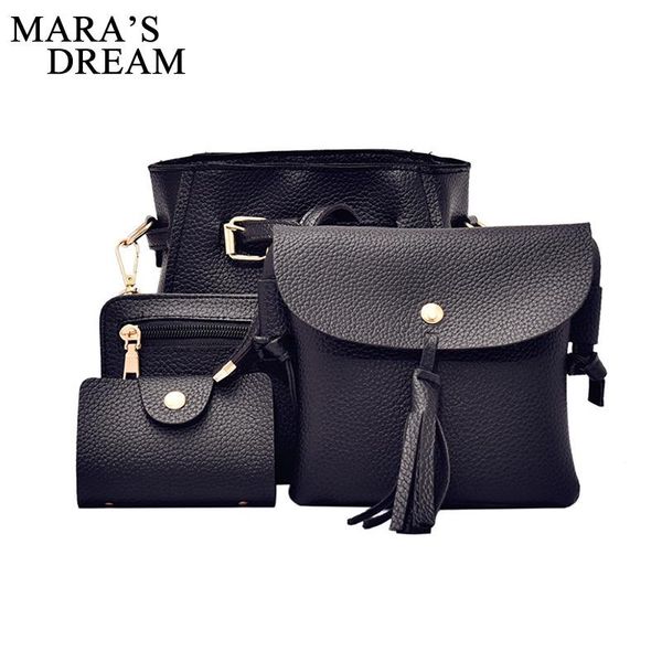 

mara's dream 4 pcs/set women bag solid color tassel composite bag vintage women shoulder handbag purse wallet pu leather handbag
