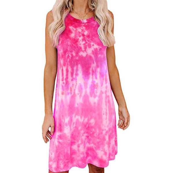 

jaycosin dress ladies plus size tie-dye print sleeveless o-collar mini dress summer sweet bohemian casual new women 20529, Black;gray