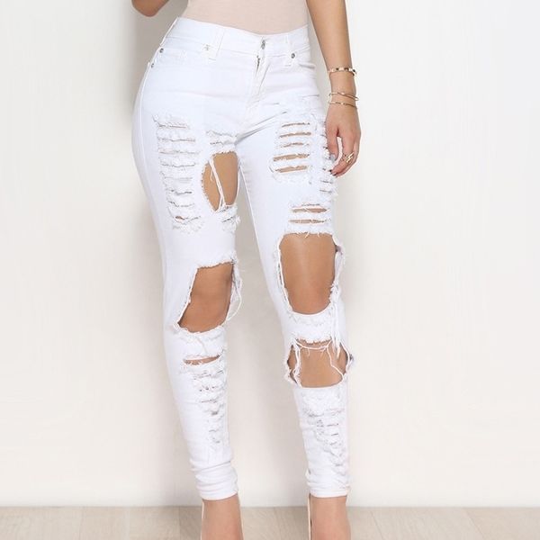 

high waist trim stretch hole tear personality jeans street casual women skinny pencil bleached washed denim pants ripped elastic 201106, Blue