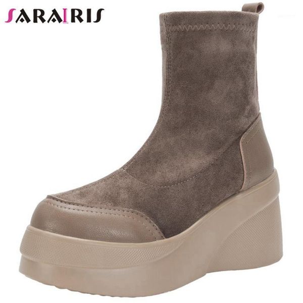 

sarairis patchwork thick bottom flock boots women black fashion casual design boots ladies brand platform ankle shoes1