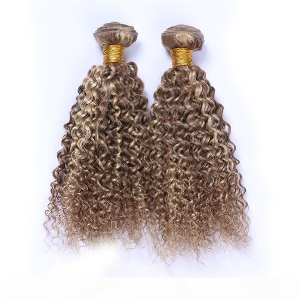 

piano #8 613 mixed color peruvian virgin human hair 3pcs kinky curly light brown highlight blonde two tone human hair weave bundles, Black;brown