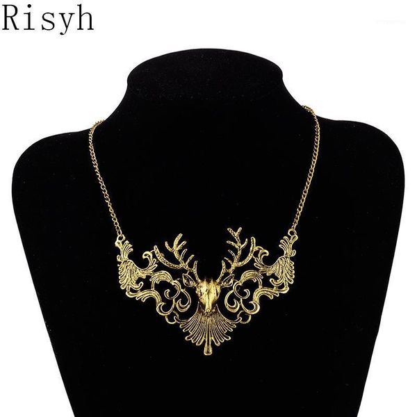 

risyh explosion exaggerated retro deer metal hollow necklace christmas new year accessories1, Golden;silver