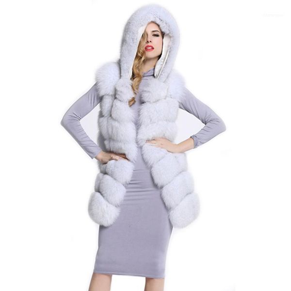 

fur vest hooded luxury faux warm women vests winter fashion fur women's coats jacket gilet veste 4xl ljls1011, Black