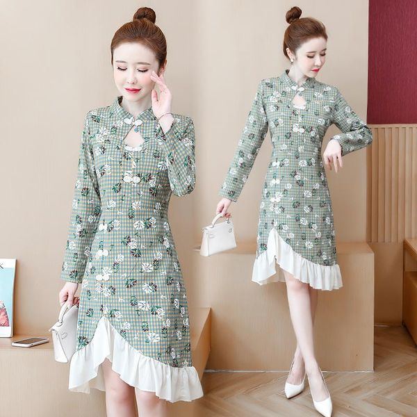 

chinese style dress women cheongsam vestidos plus size floral roupas femininas vestidos de fiesta de noche button ladies dresses, Black;gray