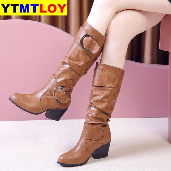 

women's high boots buckle strap knight fashion heels riding women bottes femme size 43 mid-calf winter rome square pu leather, Black
