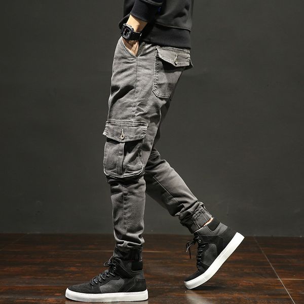 

2021 new fashion streetwear men jeans newly designer big pocket casual cargo pants gray color elastic loose fit hip hop joggers trousers s4w, Blue