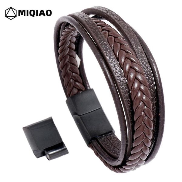 

bangle miqiao jewelry stainless steel magnet buckle men's leather bracelet creative multi-layer simple woven w549, Black
