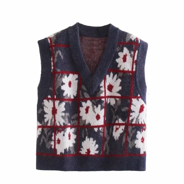 

2021 new purple floral ribbed trims knitted sweater vest women autumn vintage v neck sleeveless loose casual cute waistcoat 43u4, White;black