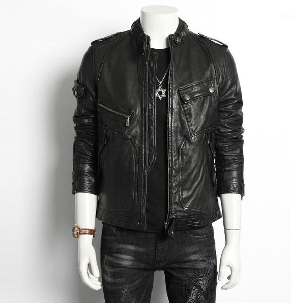 

sheepskin coat genuine leather jacket men spring autumn biker motorcycle jacket chaqueta cuero hombre 188008 kj40311, Black