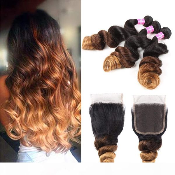 

brazilian 1b 4 30 loose wave virgin hair extention bundles with closure ombre three tone human hair 3 bundles with 4*4 lace closure, Black;brown